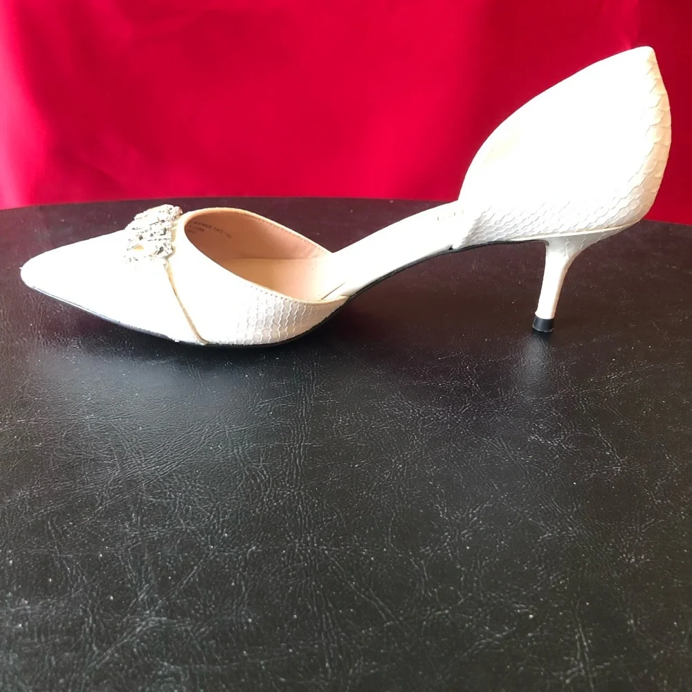 Enzo Angiolini White Pointed D'Orsay Heels with Crystal Buckle.  Eagabella.